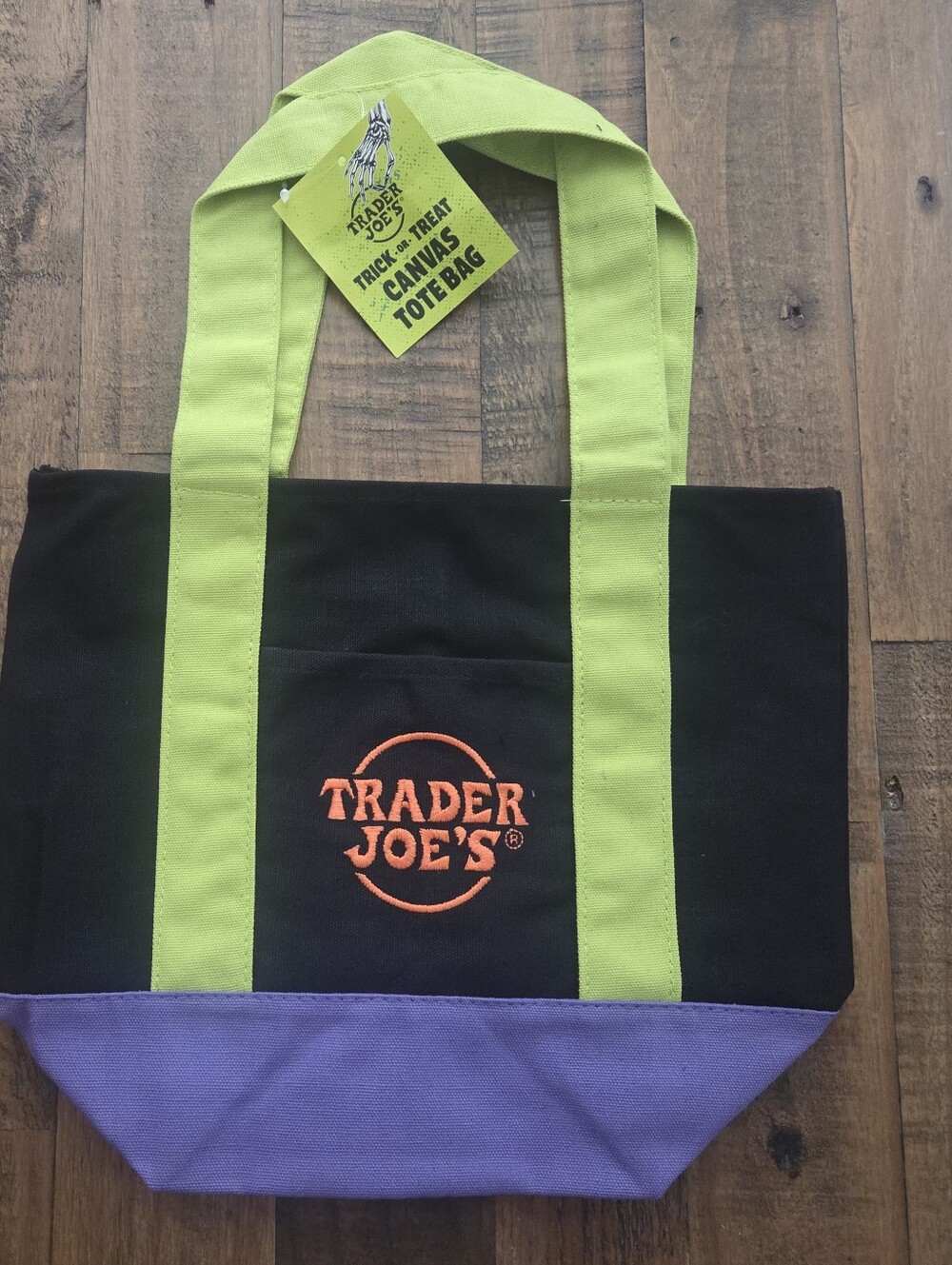 Trader Joes Halloween Tote Bag with Lime Handles and Purple Base